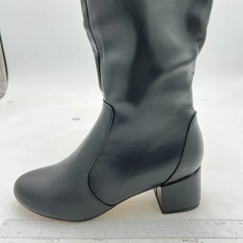Black Women Pointed Toe Knee High Boot Chunky Heel Riding Boots Side Zipper Shoe